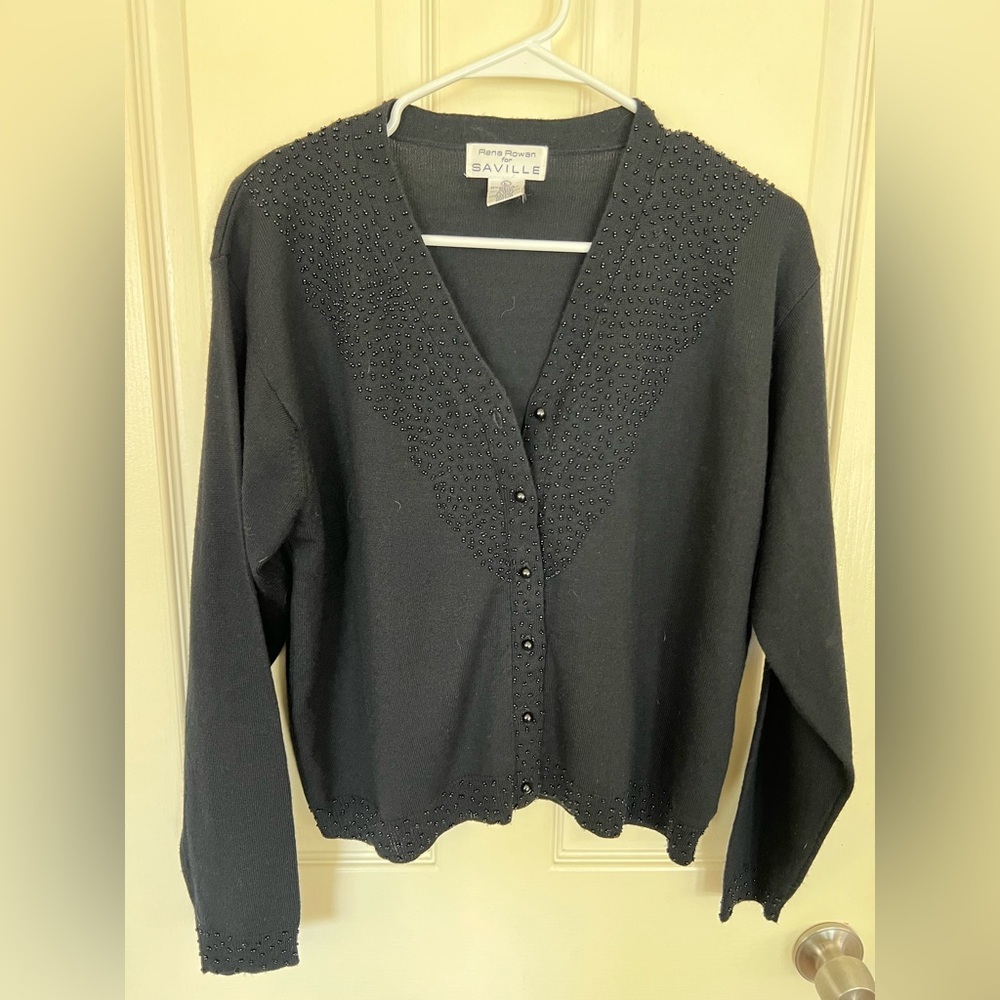 Vintage Rena Rowan for Saville Black Beaded Cardigan Lambswool Sweater L